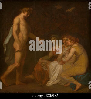 Dieses klassische Kunstwerk zeigt Apollo, der die Schicksale befiehlt, Ceres zu suchen, der von der Erde geflohen ist. Die mythologische Szene reflektiert Themen göttlicher Intervention und landwirtschaftlicher Erneuerung in der römischen Mythologie. Stockfoto