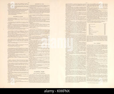 Dieses Bild zeigt den erläuternden Text zu den Karten XIII und XIV des 1890 veröffentlichten Atlas histórico de Colombia. Der atlas, der von Agostino Codazzi geschaffen wurde, bietet detaillierte geografische und historische Informationen über Kolumbien im späten 19. Jahrhundert. Stockfoto