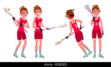 Lacrosse weibliche Spieler Vektor. High School oder Hochschulen Mädchen. Mitglieder des Teams. Professioneller Athlet. Sport Wettbewerbe. Flache Cartoon Illustration Stock Vektor