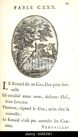 Das Bild zeigt Seite 143 von Benserades „Fables d’Esope“, 1678, die Text und literarische Quatrains hervorhebt. Stockfoto