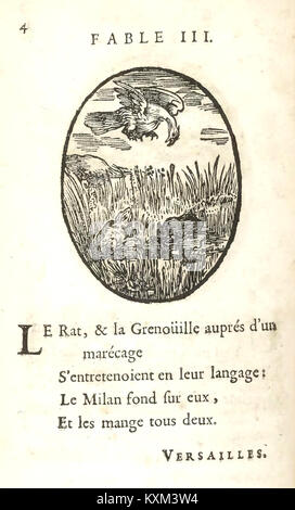 Das Bild zeigt Seite 16 von Benserades „Fables d’Esope“, 1678, mit Text, Vierteln und literarischer Komposition. Stockfoto