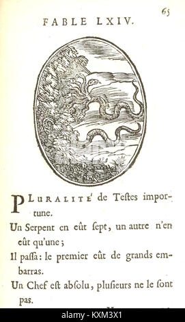 Eine Seite aus der 1678 erschienenen Ausgabe von Isaac de Benserades „Fables d’Esope en quatrains“, einer poetischen Adaption von Aesops Fabeln in französischen Versen, die für ihren literarischen und künstlerischen Wert bekannt ist. Stockfoto