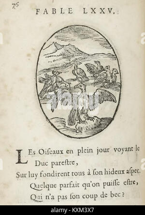 Das Bild zeigt Seite 88 von Benserades „Fables d’Esope“, 1678, mit Text und Quatrains aus der Sammlung. Stockfoto