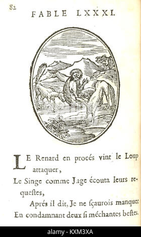 Diese Ausgabe von Benserades „Fables d’Esope en quatrains“ aus dem Jahr 1678 enthält literarische Illustrationen und poetische Adaptionen von Aesops Fabeln. Stockfoto