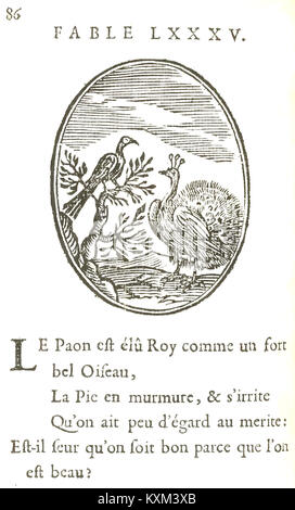 Eine Seite aus der 1678 erschienenen Ausgabe von „Fables d’Esope en quatrains“ von Benserade, auf der eine Sammlung von Aesops Fabeln in Viererform präsentiert wird. Dieses Werk ist ein bedeutendes Stück französischer Literatur aus dem 17. Jahrhundert. Stockfoto