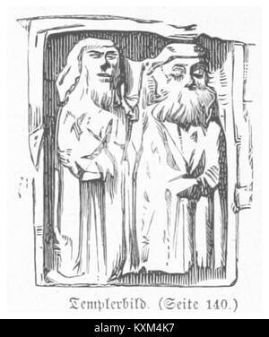 Bermanns Illustration von 1880 zeigt ein Mitglied des Templerordens, einer mittelalterlichen christlichen Militäreinrichtung, mit historischen Rüstungen und zugehörigen Symbolen. Stockfoto