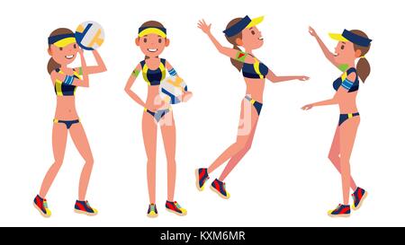 Weibliche Beachvolleyball Spieler Vektor. Professioneller Athlet. Spieler in unterschiedlichen Positionen. Sportlerin Spiele. Flache Cartoon Illustration Stock Vektor