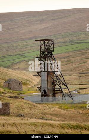 Stillgelegten Förderturm von Grove Rake Mine Gebäude, Rookhope Bezirk, gewohnt, North Pennines, County Durham, England, Vereinigtes Königreich, Europa. Stockfoto