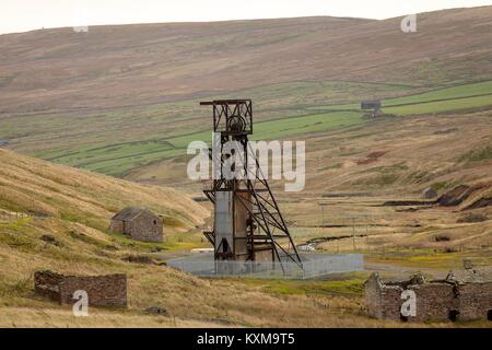 Stillgelegten Förderturm von Grove Rake Mine Gebäude, Rookhope Bezirk, gewohnt, North Pennines, County Durham, England, Vereinigtes Königreich, Europa. Stockfoto