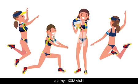 Strand Sport Volleyball Spieler Vektor. Match Wettbewerb. Sport Event. Auf weissem Zeichentrickfigur Abbildung isoliert Stock Vektor