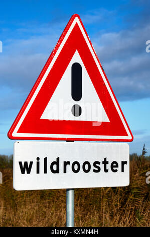 Wildrooster Schild in den Niederlanden. Vieh grid Warnschild Stockfoto