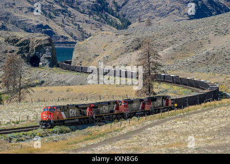 CN Rail Schwefel Zug Richtung Osten am östlichen Ende von Kamloops Lake BC 20070912 Stockfoto