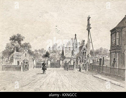 Der Eingang zum Spring Bank Cemetery im Jahr 1889, einschließlich des Botanic Gardens Level Crossing, der den viktorianischen Friedhof und die städtische Verkehrsinfrastruktur veranschaulicht. Stockfoto