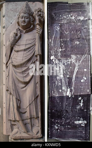Bild combo Übersicht Erzbischof Otto von der Hessischen Grabstein in der Magdeburger Dom (L), sowie mehrere x-ray Bilder von tödlichen des Erzbischofs bleibt (R) in Halle/Saale, Deutschland, 10. Januar 2018 berücksichtigt. Die Angebote im Grab des dem Erzbischof gefunden werden im Museum gezeigt werden. Das Museum ist im November 2018 eingeweiht werden. Foto: Klaus-Dietmar Gabbert/dpa-Zentralbild/dpa Stockfoto