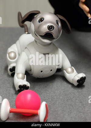 Tokio, Japan. 11 Jan, 2018. Japanischen Elektronikkonzerns Sony zeigt der neue Roboter Hund "Aibo ERS-1000' nach aibos einer Zeremonie bei Sony-Zentrale in Tokio am Donnerstag, 11. Januar 2018. Cloud-basierte künstliche Intelligenz (KI) kann der Roboter Hund zu reagieren, wenn der gesprochen und erfahren Sie neues Verhalten. Credit: Yoshio Tsunoda/LBA/Alamy leben Nachrichten Stockfoto