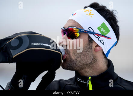 Ruhpolding, Deutschland. 11 Jan, 2018. Französische biathletin Martin Fourcade während einer Schulung in der Chiemgau Arena in Ruhpolding, Deutschland, 11. Januar 2018. Credit: Sven Hoppe/dpa/Alamy leben Nachrichten Stockfoto