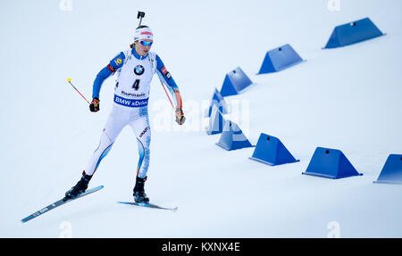 Ruhpolding, Deutschland. 10 Jan, 2018. Biathletin Tero führt Seppälä aus aus Finnland Skier während des Rennens in der Chiemgau Arena in Ruhpolding, Deutschland, 10. Januar 2018. Credit: Sven Hoppe/dpa/Alamy leben Nachrichten Stockfoto