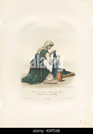 Eine Zeichnung von Baron Otto Magnus von Stackelberg aus dem Jahr 1828 zeigt traditionelle Kostüme von Frauen aus den antiken griechischen Städten Ägina und Megara, die historische Mode und kulturelle Kleidung zeigen. Stockfoto