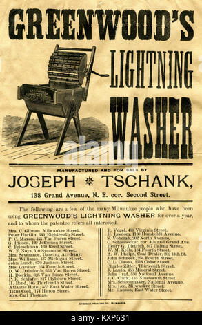 Diese kreisförmige Werbung aus den 1880er Jahren fördert Greenwoods Blitzwäscher, hergestellt von Joseph Tschank in Milwaukee. Der Werbespot zeigt die Innovation und Vermarktung von Haushaltsgeräten während der industriellen Ära. Stockfoto