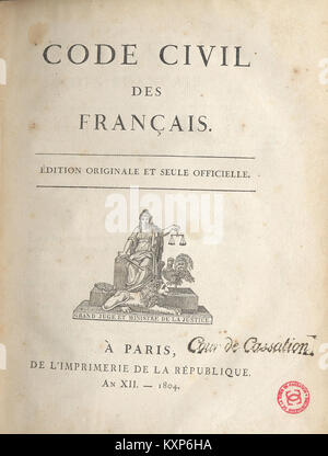 Das französische Bürgerliche Gesetzbuch, das 1804 eingeführt wurde, definiert in Frankreich die Grundsätze des Zivilrechts, das Eigentum, Verträge, Pflichten und das Familienrecht. die Grundlage moderner Zivilrechtssysteme bilden. Stockfoto