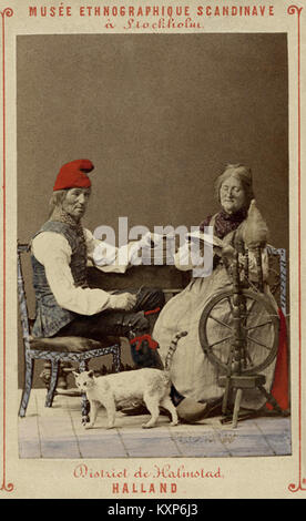 Dieses Foto aus dem Nordischen Museum zeigt einen Mann und eine Frau in traditioneller Halmstad-Kleidung, die die regionale Kleidung und das kulturelle Erbe in Schweden dokumentiert. Stockfoto