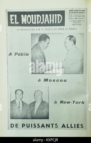 Foto von *El Moudjahid* vom 14. Oktober 1960, das politische Persönlichkeiten in Zusammenhängen mit Moskau und New York während der Zeit des Kalten Krieges zeigt. Stockfoto