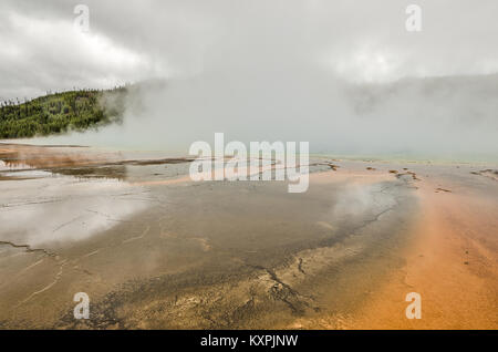 An einem nebligen, feuchten Tag mit einer Brise, die Aussicht war ständig am Rande des Grand Prismatic Spring im Yellowstone Stockfoto