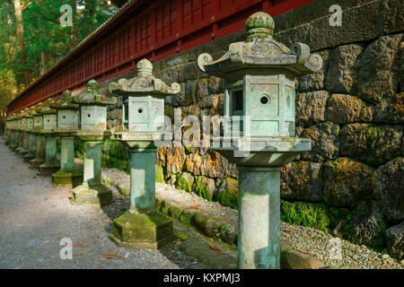 Steinlaternen auf der Seite der Toshogu Schrein, Futarasan Schrein in Nikko, Tochigi, Japan NIKKO, Japan - 17. NOVEMBER 2015 Leitung: Steinlaternen Stockfoto