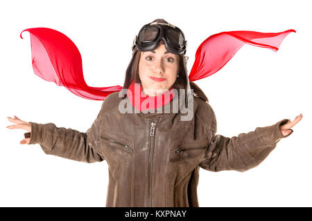 Funny Girl mit Sommersprossen tragen Helm, Schutzbrille und ein roter Schal Stockfoto