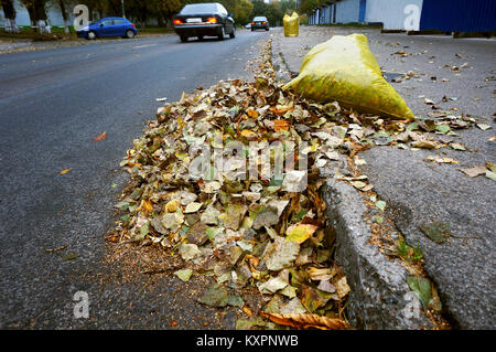 Reinigung der Straßen im Herbst, Gelbe Müllsäcke mit Laub gefüllt Stockfoto