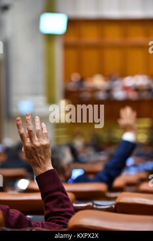 Hand eines Mannes in der Luft während eines Abstimmungsverfahrens angehoben Stockfoto