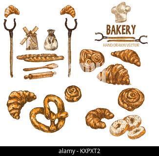 Digital Color Vector ausführliche Line Art goldene Croissant, Brötchen, Krapfen, Backofen gabeln Weizen und Küchenchef hat Hand gezeichnet Abbildung. Jahrgang Tinte flach, en Stock Vektor