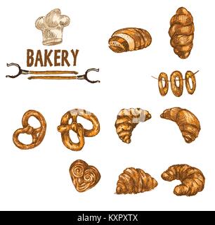 Digital Color Vector ausführliche Line Art golden Croissants, Weizen, Backofen Gabeln und Küchenchef hat Hand Abbildung gezeichnet. Dünne skizzieren. Jahrgang Tinte flach, Stock Vektor