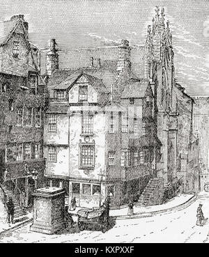 John Knox's House in Edinburgh, Schottland. John Knox, c 1513-1572. Schottischer Minister, Theologe und Schriftsteller, war ein Führer der Reformation des Landes. Er ist der Gründer der Presbyterianischen Kirche von Schottland. Von Station und Lock's illustrierte Geschichte der Welt, veröffentlicht C 1882. Stockfoto