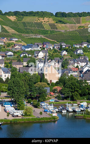 Dorf und Marina an der Mosel, Neumagen-Dhron, ältesten Weinort Deutschlands, Rheinland-Pfalz, Deutschland, Europa Stockfoto