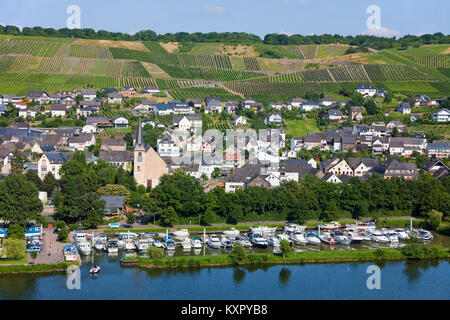 Dorf und Marina an der Mosel, Neumagen-Dhron, ältesten Weinort Deutschlands, Rheinland-Pfalz, Deutschland, Europa Stockfoto