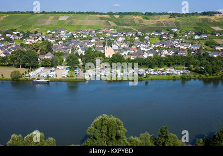 Dorf und Marina an der Mosel, Neumagen-Dhron, ältesten Weinort Deutschlands, Rheinland-Pfalz, Deutschland, Europa Stockfoto