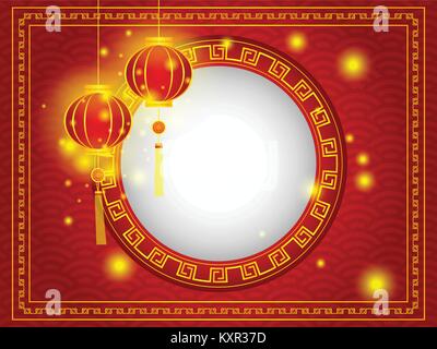 Abbildung: das chinesische Neujahr mit weißen Leerstelle auf rotem Hintergrund und Lampions Stock Vektor