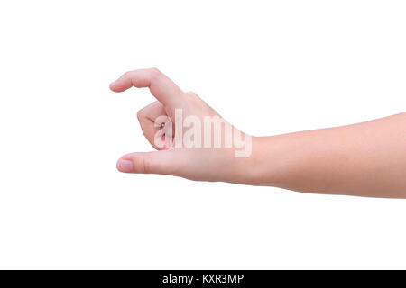 Hand oder Größe Geste auf weißem Hintergrund Stockfoto