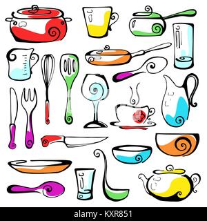 Satz von Hand gezeichnet Kochgeschirr. Vector Illustration Stock Vektor