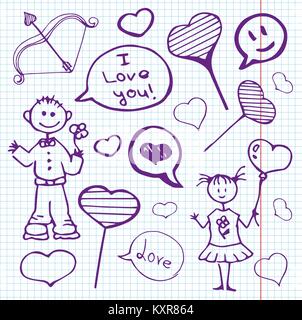 Scribble auf dem Notebook. Junge mit einem Mädchen von verschiedenen Herzen und Inschriften über die Liebe. Für den Valentinstag. Stock Vektor