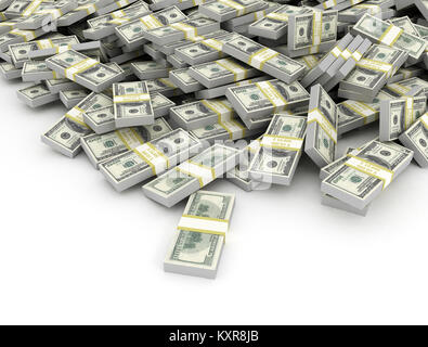 Stapel von Dollar. Konzeptionelle Darstellung. Isoliert auf weißem Hintergrund. 3D render Stockfoto