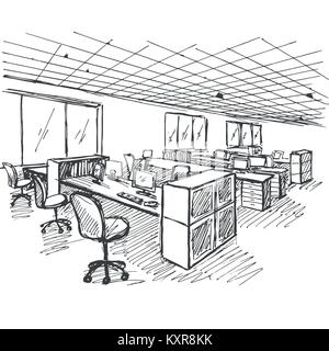 Büro in einer Skizze Stil. Hand gezeichnet Büromöbel Stockfoto, Bild