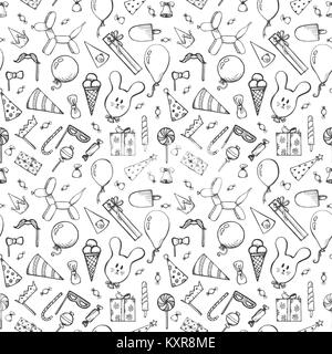 Nahtlose Muster mit festlichen Attribute. Aufblasbare Bälle, Geschenke, Süßigkeiten. Design für jeden Urlaub oder Party. Vector Illustration einer Skizze Stil. Stock Vektor