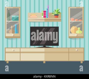 Design TV Zone in einer flachen Stil. Innenbereich Wohnzimmer mit Möbeln, TV und Regal. Vector Illustration Stock Vektor