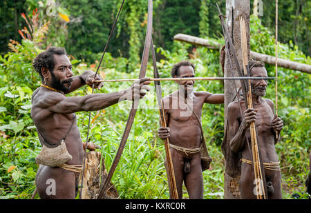 Korowai Stamm. Papua Pfeile aus einem Bogen. Natürlichen grünen Dschungel Hintergrund. Juni 24, 2012 in der Nähe von onni Dorf, Neuguinea, Indonesien Stockfoto