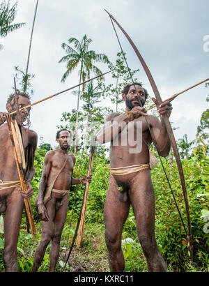 Korowai Stamm. Papua Pfeile aus einem Bogen. Natürlichen grünen Dschungel Hintergrund. Juni 24, 2012 in der Nähe von onni Dorf, Neuguinea, Indonesien Stockfoto