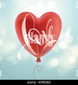 Valentines Tag Karte mit Liebe Schriftzug und roten Ballons. Vector Illustration Stock Vektor