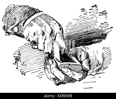 Eine Illustration aus dem spanischen Roman *La segunda casaca* von Benito Pérez Galdós, die eine Szene aus Spanien des 19. Jahrhunderts darstellt. Die Arbeit beschäftigt sich mit Themen der Gesellschaft, Politik und des menschlichen Verhaltens während der Ära. Stockfoto