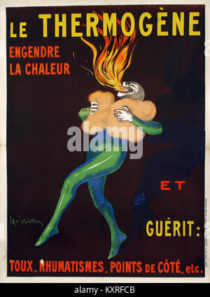 Ein Werbeplakat des italienischen Künstlers Leonetto Cappiello aus dem frühen 20. Jahrhundert, das Thermogène, ein wärmendes Produkt, fördert. Das Kunstwerk ist bekannt für seine kräftigen Farben, seine auffällige Komposition und seine Bedeutung für die Entwicklung der französischen Werbeplakatkunst. Stockfoto